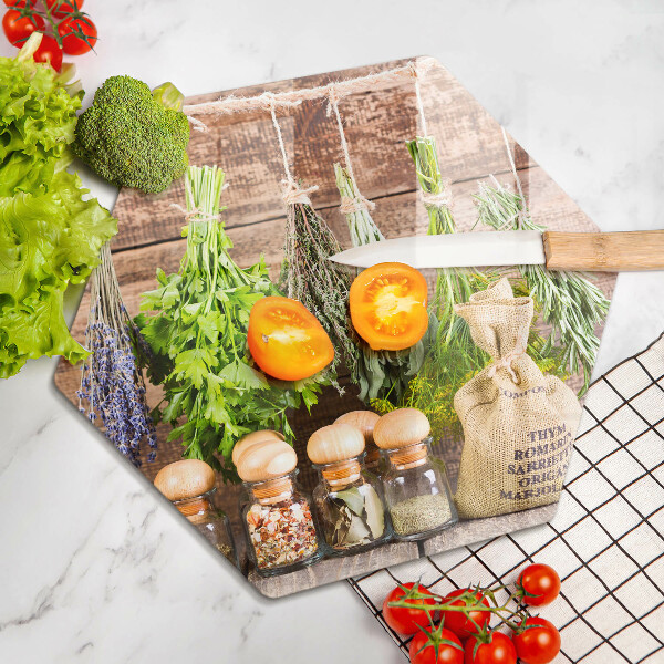 Skärbräda glas sexhörning Örter kryddor och trä