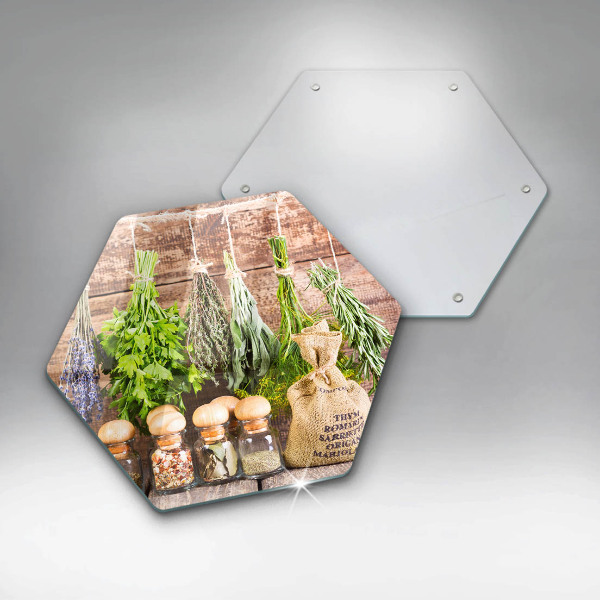 Skärbräda glas sexhörning Örter kryddor och trä