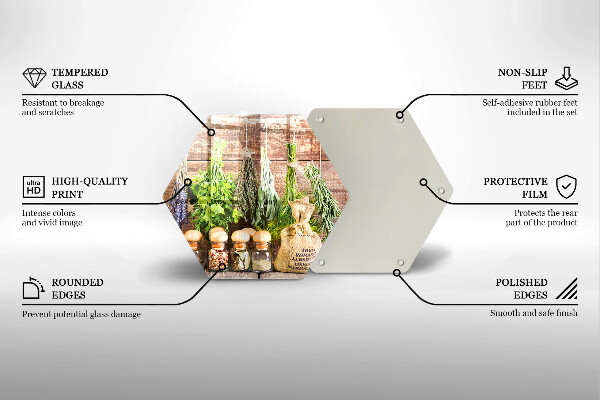 Skärbräda glas sexhörning Örter kryddor och trä