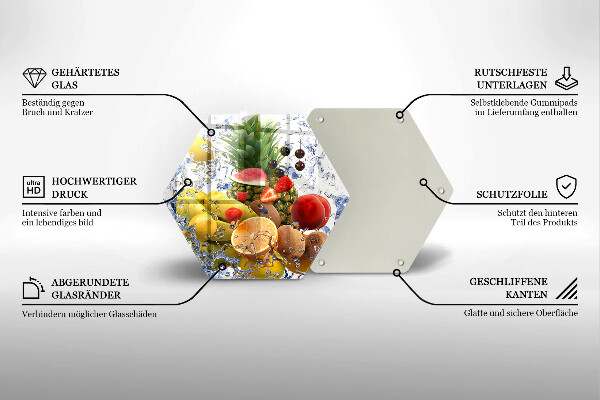 Skärbräda glas sexhörning Saftig frukt och vatten