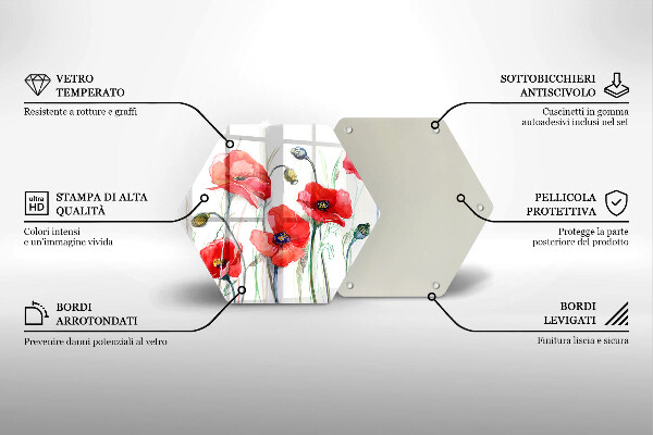 Skärbräda glas sexhörning Röda vallmoblommor