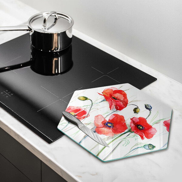 Skärbräda glas sexhörning Röda vallmoblommor