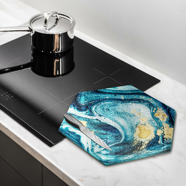 Skärbräda glas sexhörning Blå guld abstraktion