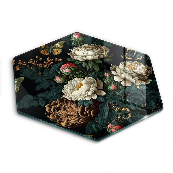 Skärbräda glas sexhörning Vintage pionblommor