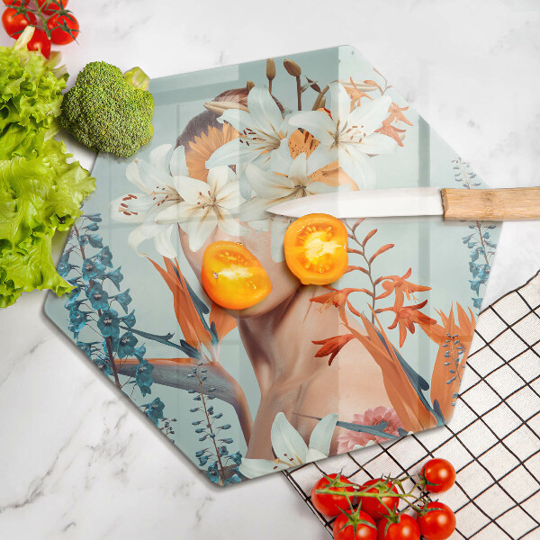 Skärbräda glas sexhörning Kvinna i blommor