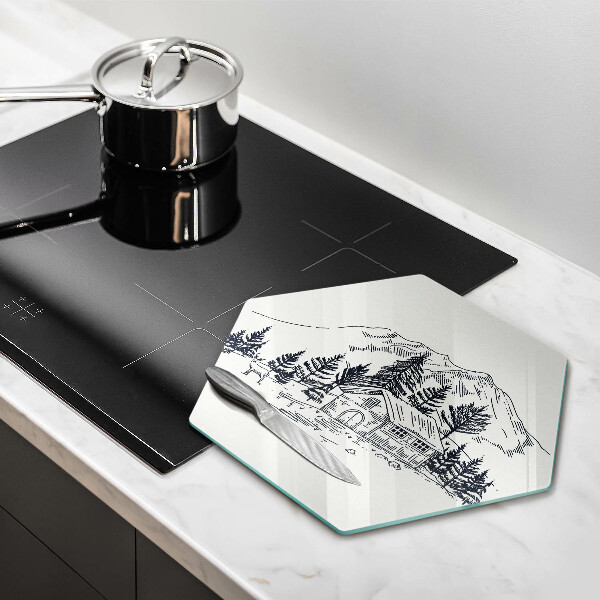 Skärbräda glas sexhörning Ritning av en stuga i bergen