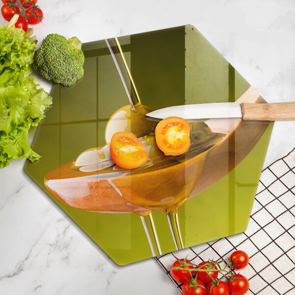 Skärbräda glas sexhörning Olivolja och oliver