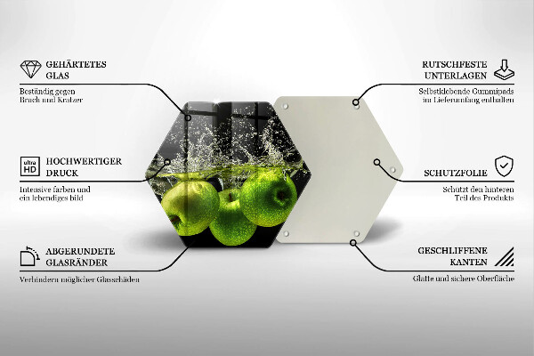 Skärbräda glas sexhörning Gröna äpplen och vatten