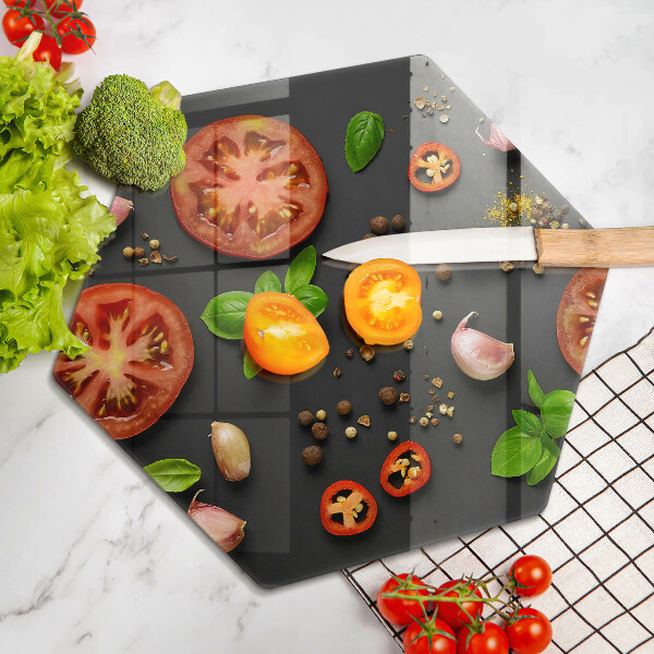 Skärbräda glas sexhörning Tomater och kryddor