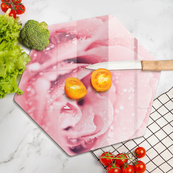 Skärbräda glas sexhörning Daggdroppar och rosblomma