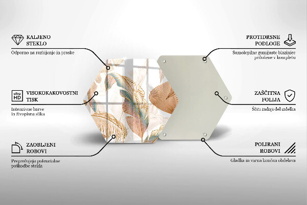 Skärbräda glas sexhörning Boho fjädrar och löv