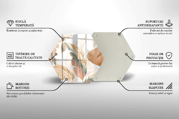 Skärbräda glas sexhörning Boho fjädrar och löv