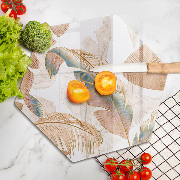 Skärbräda glas sexhörning Boho fjädrar och löv