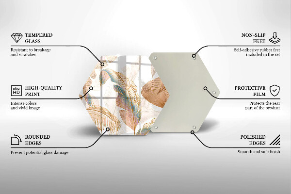 Skärbräda glas sexhörning Boho fjädrar och löv