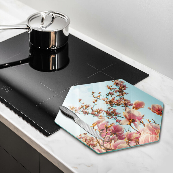 Skärbräda glas sexhörning Rosa blommor träd