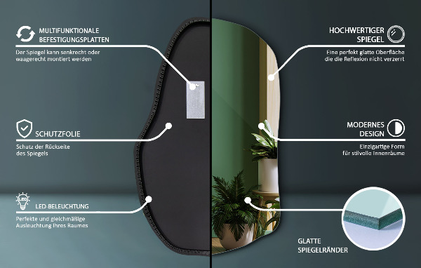 Asymmetrisk spegel med belysning unik 70x46 cm