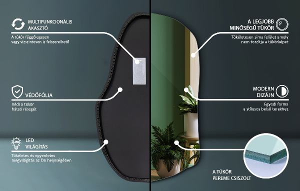 Asymmetrisk spegel med belysning unik 70x46 cm