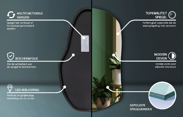 Oregelbunden spegel med led modern 80x52 cm
