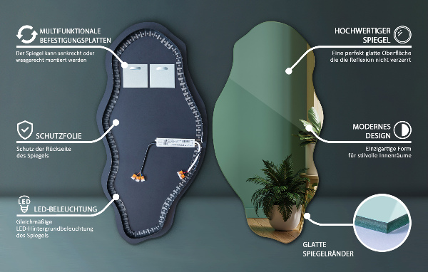 Spegel organisk form fläck med led belysning 50x100 cm