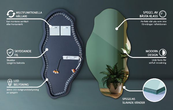 Spegel organisk form fläck med led belysning 50x100 cm