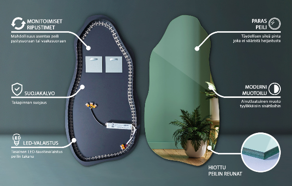 Asymmetrisk spegel fläck modern med led belysning 45x90 cm