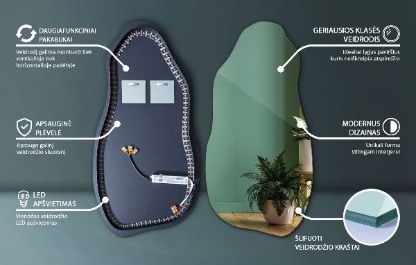 Asymmetrisk spegel fläck med led belysning 50x100 cm