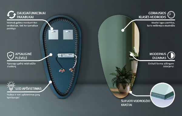 Droppformad spegel med led 45x90 cm