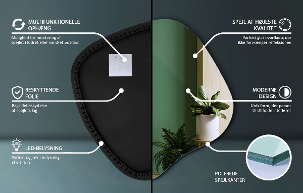 Oregelbunden spegel med led 48x48 cm