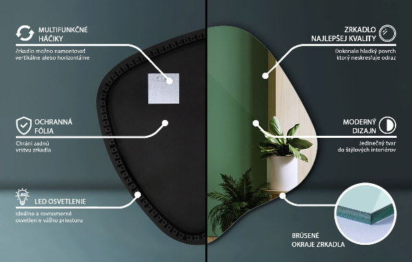 Oregelbunden spegel med led 77x77 cm