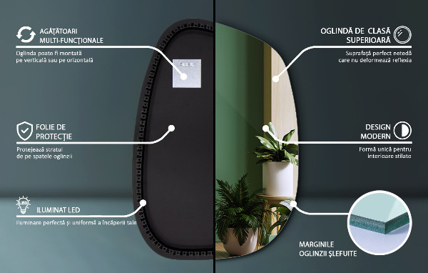 Oregelbunden spegel med LED 49x34 cm