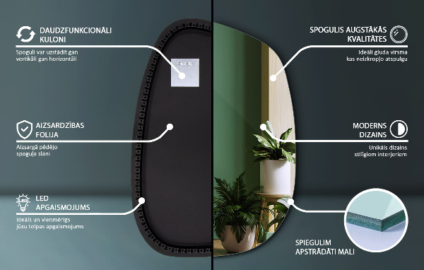 Oregelbunden spegel med LED 49x34 cm