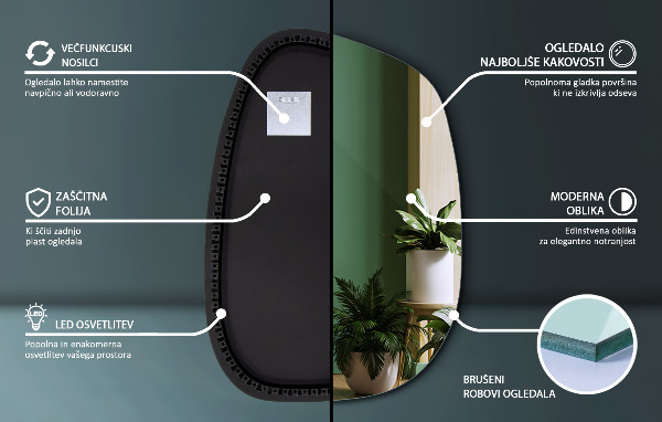 Oregelbunden spegel med LED 55x38 cm