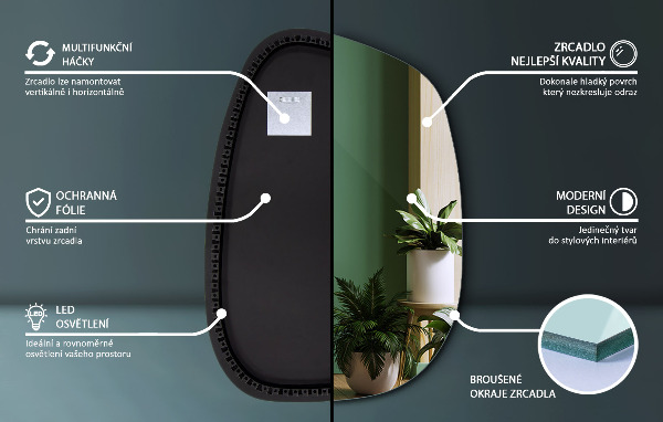 Oregelbunden spegel med LED 91x66 cm