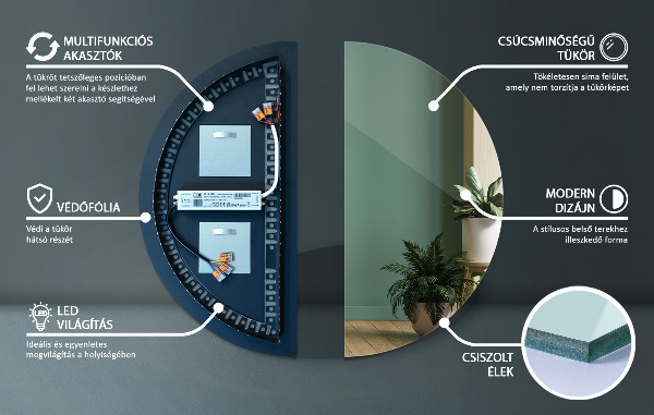 LED Halvcirkel Spegel 25x50 cm