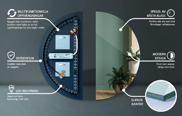 LED Halvcirkel Spegel 50x100 cm