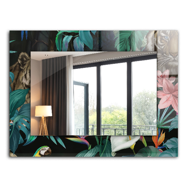 Spegel med tryckt ram Papegojor med en tiger i djungeln