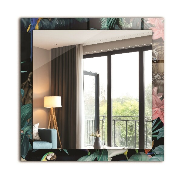 Spegel med tryckt ram Papegojor med en tiger i djungeln