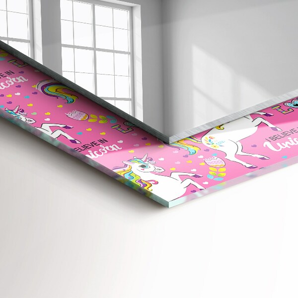 Rektangulär spegel med tryckt ram Enhörningar Rainbow hjärtan