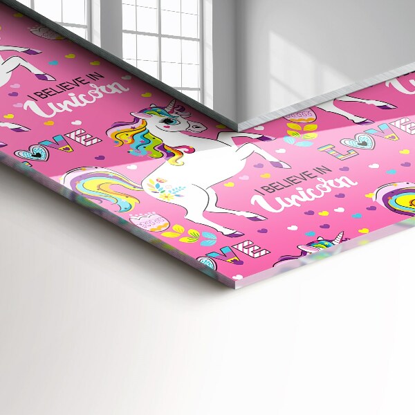 Rektangulär spegel med tryckt ram Enhörningar Rainbow hjärtan
