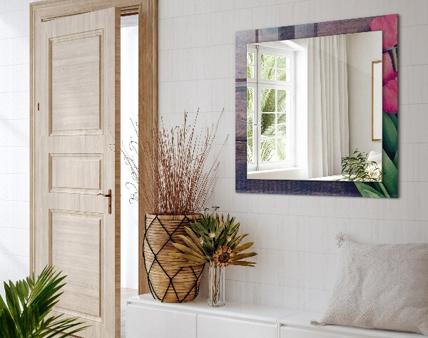 Spegel med tryckt ram Trä med rosa tulpaner