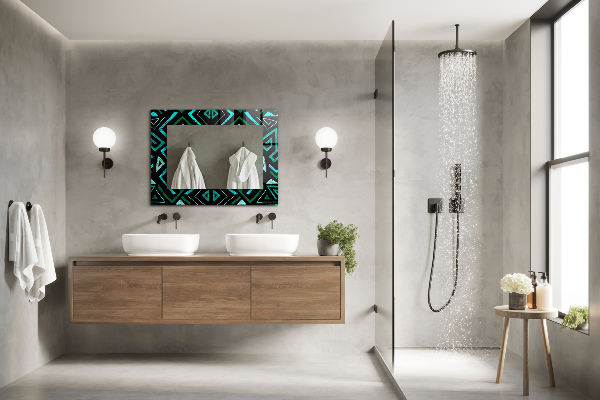 Rektangulär spegel med tryckt ram Geometriska motiv i turkos