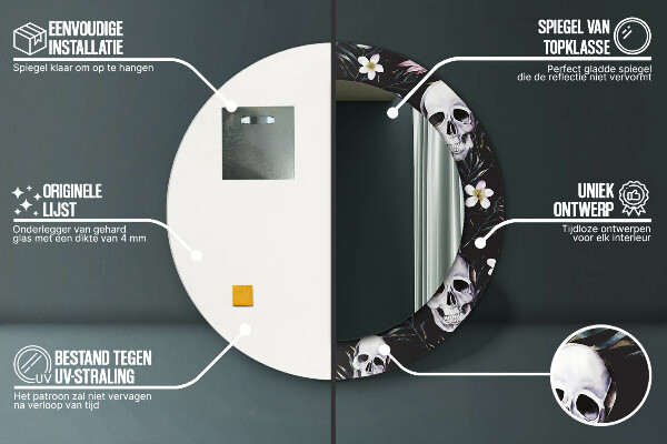 Rund spegel dekorativ Skalle blommor