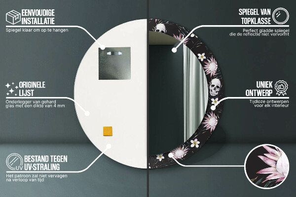 Rund spegel dekorativ Skalle blommor