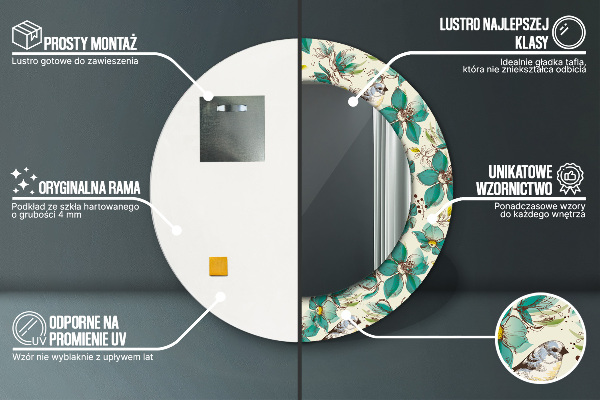 Rund spegel elegant Blommor och fåglar