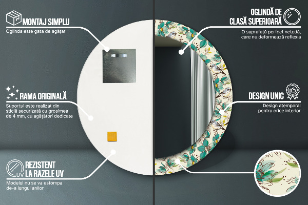 Rund spegel elegant Blommor och fåglar