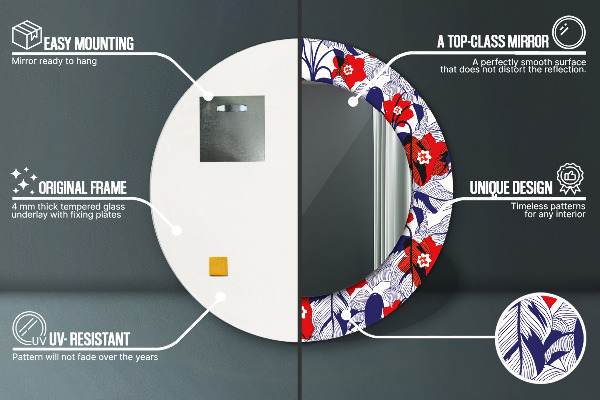 Rund spegel elegant Filodendron och röda blommor