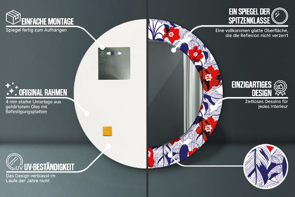 Rund spegel elegant Filodendron och röda blommor