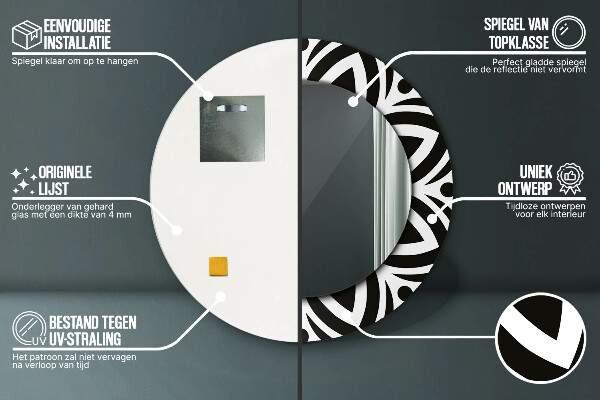 Rund spegel med tryck Svart geometrisk prydnad