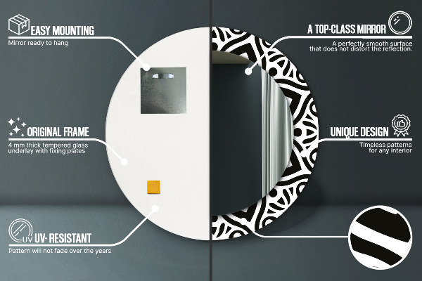 Rund spegel med tryck Svart geometrisk prydnad