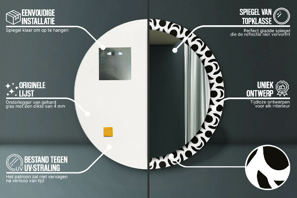 Rund spegel med tryck Svart geometrisk prydnad